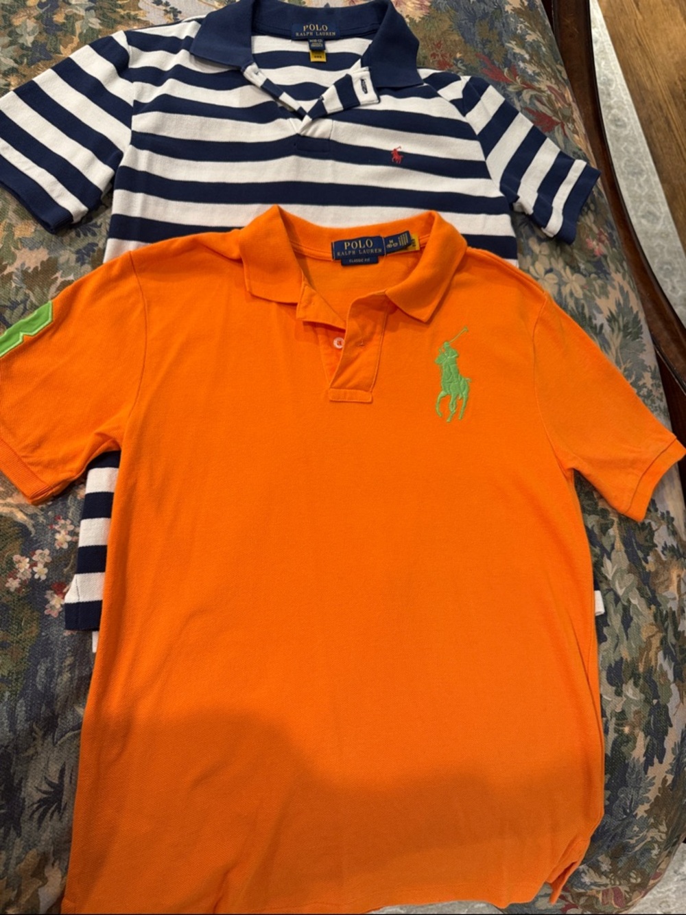 Polo by Ralph Lauren Orange Polo with Green Pony and blue and white stripe polo